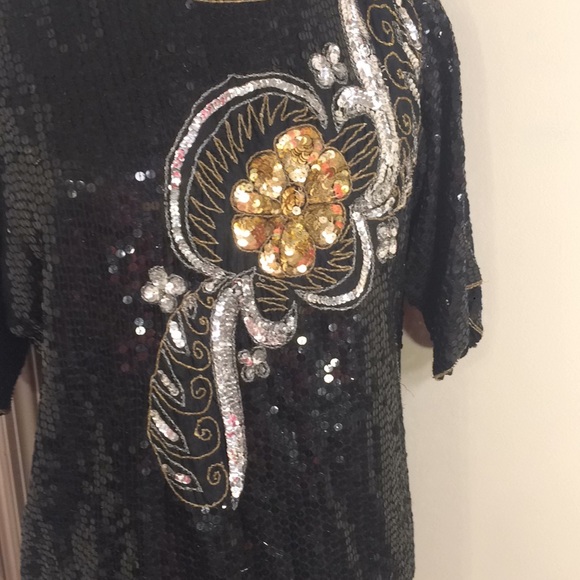 Black sequin evening top Gold silver floral beads - Picture 2 of 8